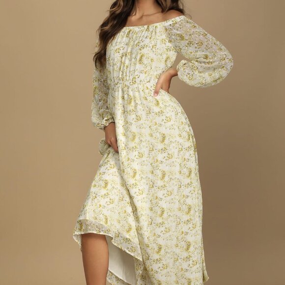 NWT Lulus Love That Blooms Yellow Floral Print Off-the-Shoulder Maxi Dress - Picture 1 of 9
